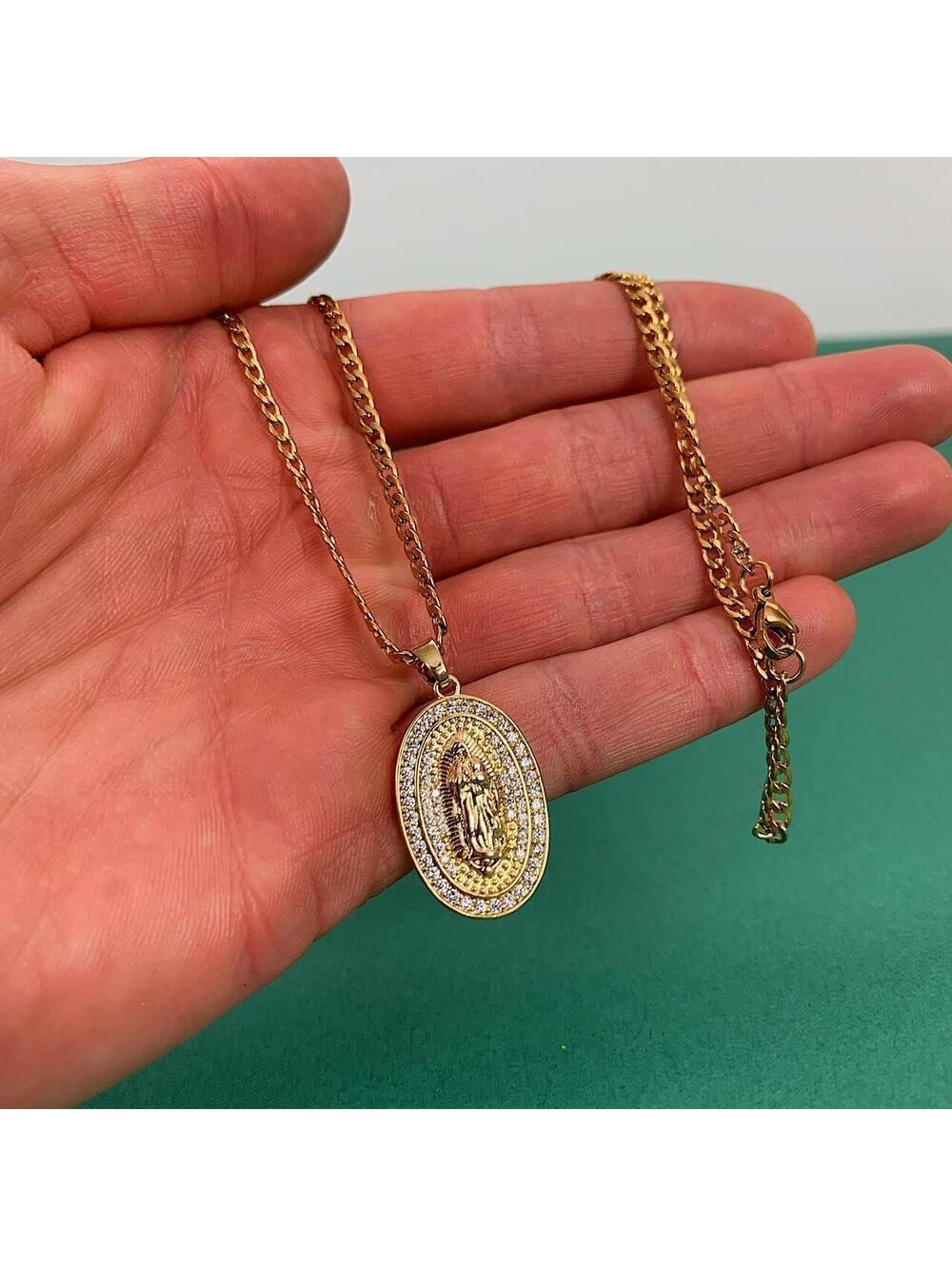 Saint Marry rhinestone pendant gold necklace. 24 inches length. Unisex - Picture 8 of 8